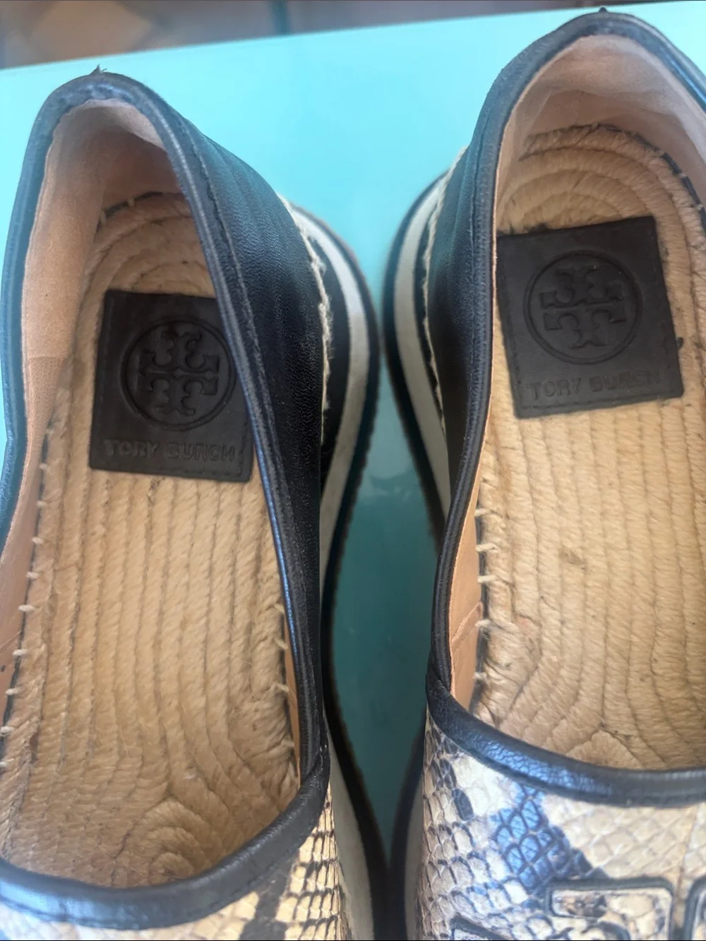 Tory Burch Beige and Black Snake-Print Slip-On Leather Espadrilles